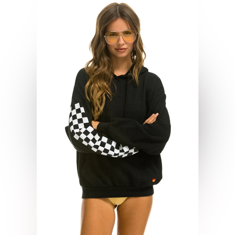 Aviator Nation RELAXED CHECK SLEEVE PULLOVER HOODIE BLACK